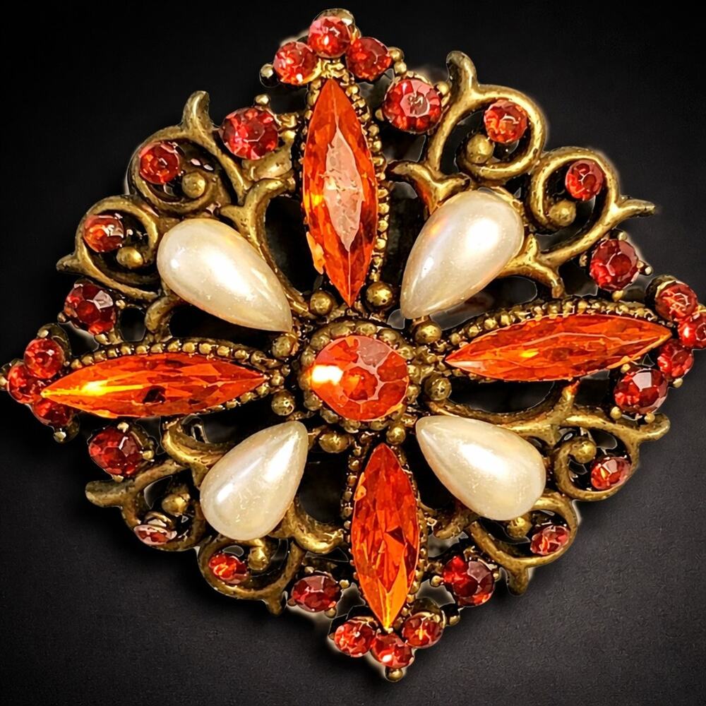 Vintage Orange Red Lucite & Faux Pearls Brooch Pin 2" Ornate Square Pin go-10